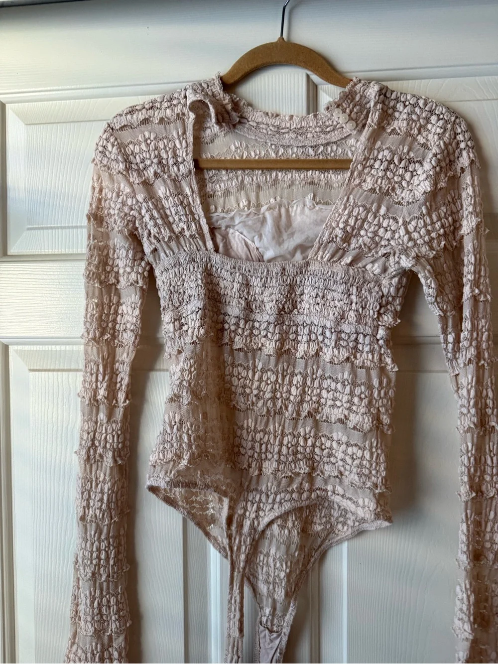 Free People Lace  Long Sleeve Bodysuit in Beige